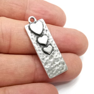 Heart Charms Hammered Rectangle Pendant Antique Silver Plated (34x12mm) G28488