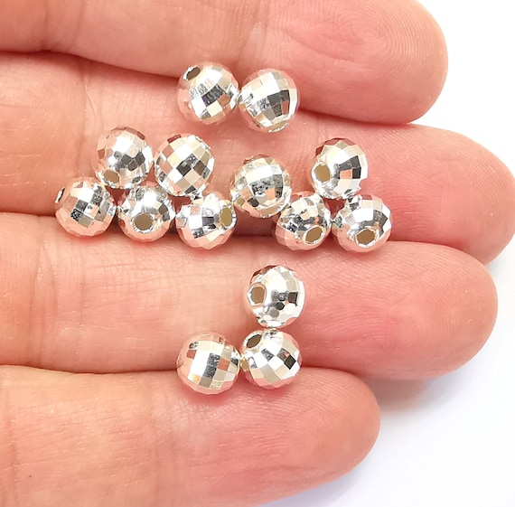 Sterling Silver Faceted Mirror Round Ball Beads, 925 Solid Silver