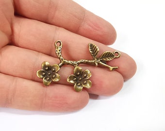 2 Flower branch leaf charms connector Antique bronze plated charms (53x32mm)  G24146