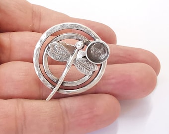 Dragonfly silver ring setting resin blank cabochon base inlay Ring mounting Adjustable Ring Bezel Antique Silver Plated Brass  (8mm) G25971