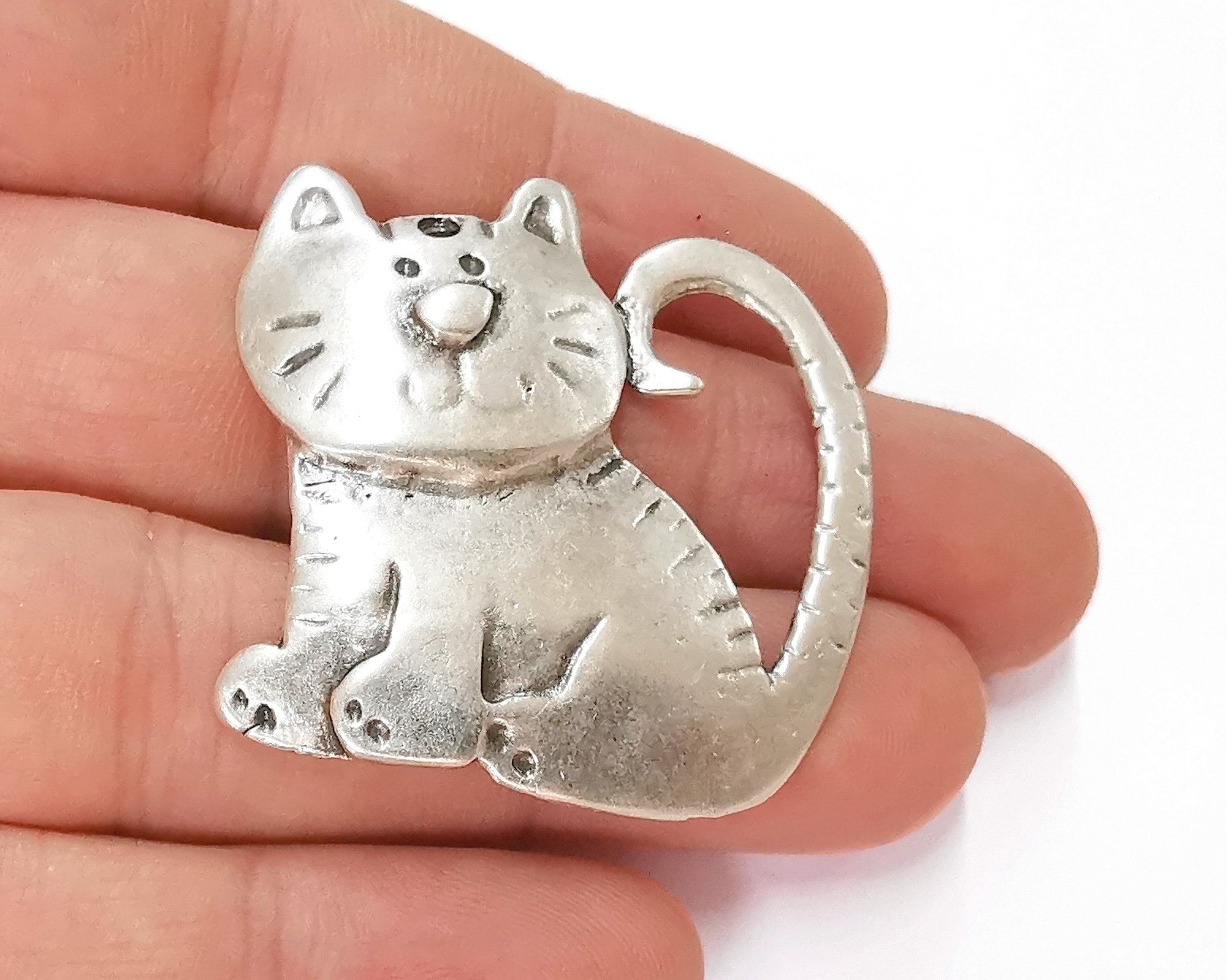 Antique Silver Plated Cat Dangle Charm - 45x42mm, Zinc Alloy