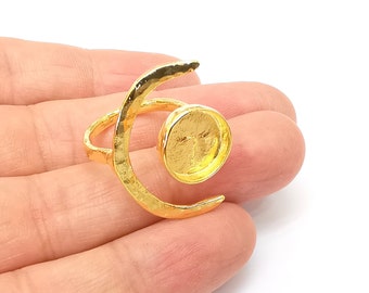 Gold Ring Crescent Setting, Moon Ring Blank, Resin Bezel, Celestial Ring Mounting, Epoxy Frame, Adjustable Antique Gold Plated 12mm G35588