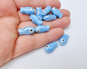 Contas de peixe de porcelana, contas de peixe de cerâmica, contas azuis para fazer joias, contas de peixe fofas para artesanato e acessórios DIY 19 x 10 mm G37234