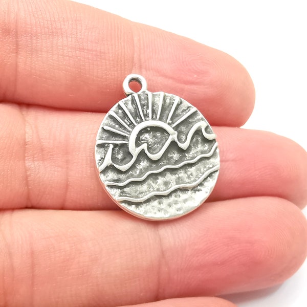 Wavy Sea and Sun Charm, Antique Silver Plated Charms (25x22mm) G28837