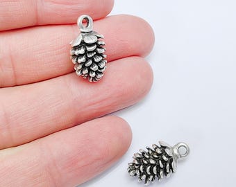 May include: Two silver-toned pine cone charms with a loop for attaching to jewelry or crafts.