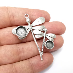 Dragonfly Charms, Pendant Blank Resin Bezel Mounting Cabochon Base Setting Antique Silver Plated Brass (10 and 8mm Blanks) G34497