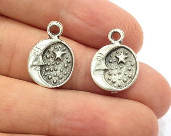 Moon and Stars Charm Silver Charm Antique Silver Plated Metal (14 mm)  G15442