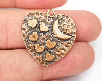 Heart Charms Crescent Moon Charms Hammered Disc Pendant Antique Copper Plated (29x27mm) G29023