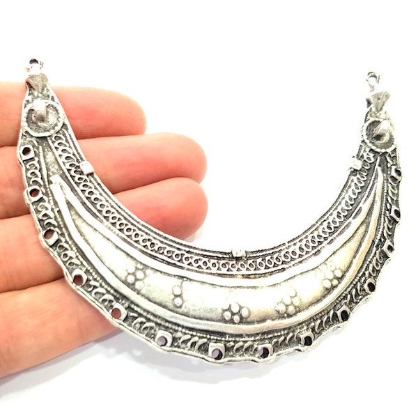 Silver Pendant Collar Pendant Tribal Pendant Large Connector Ethnic Pendant (110x28mm) Antique Silver Plated G6425