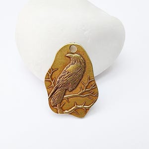Può includere: Ciondolo color bronzo con un rilievo dettagliato di un corvo appollaiato su un ramo. Il ciondolo ha una forma irregolare con un piccolo foro nella parte superiore per appenderlo. Il corvo è raffigurato con intricati dettagli di piume.