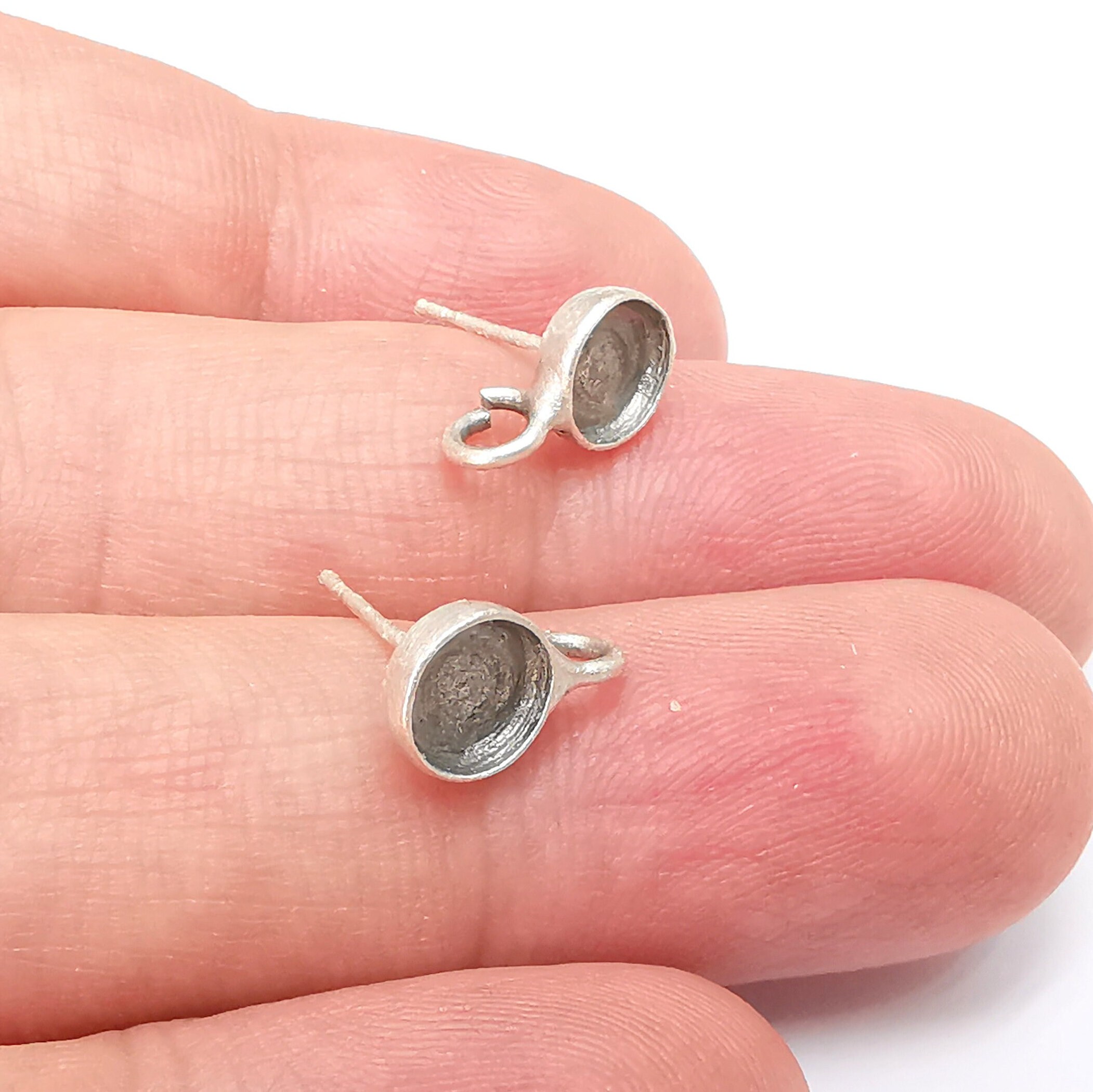Earring Stud Base Blank with Loop, Earring Post, Ear Setting Resin Bezel, Cabochon Mounting, Antique Silver Plated Brass (6mm blanks) G35956