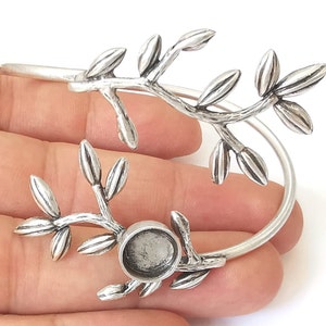 Branch leaf leaves bracelet cuff blank bezel Glass cabochon base Adjustable Antique silver plated brass (10mm blank) G26087