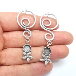 Starfish Earring, Dangle Earring Blank, Ear Base, Wire Earring, Earring Bezel, Mountings, Antique Silver Plated Brass (8mm blanks) G34914