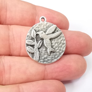 Hummingbird and Flower Charms, Antique Silver Plated Bird Charms (25mm) G28596