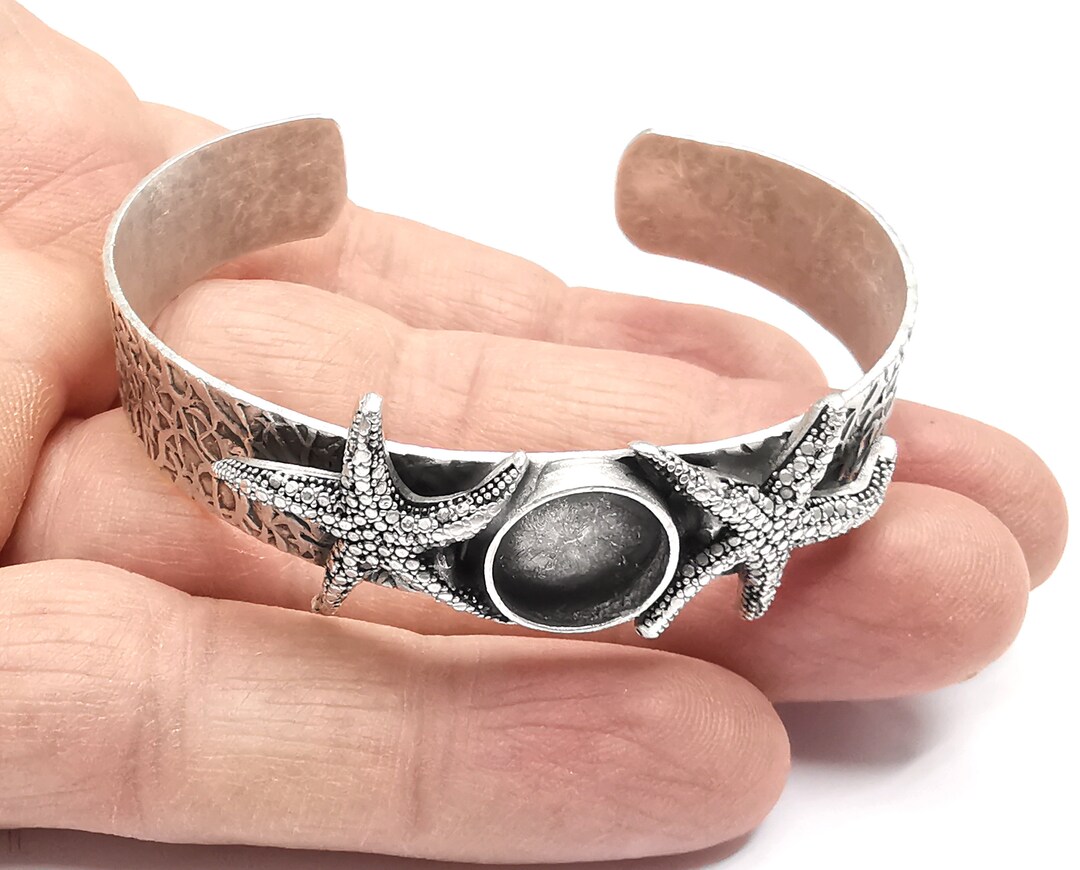 Starfish Silver Bracelet Brass Cuff Blank Bezel Glass Cabochon - Etsy