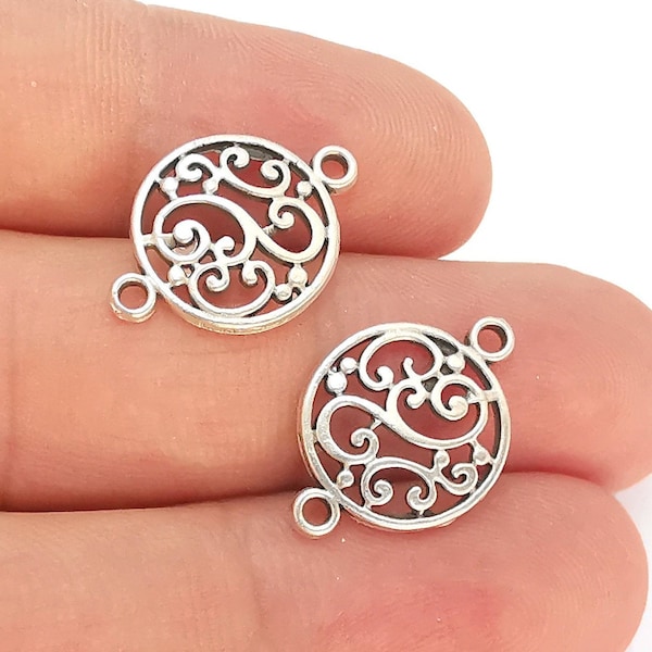 Round Filigree Charms Connector Antique Silver Plated Charms (20x14mm) G22304