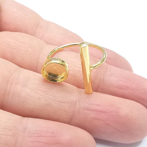 Rod Round Shiny Gold Ring Bezels Settings Resin Backs Cabochon Mounting Gold Plated Brass Adjustable Ring Base  (8mm blank) G26698