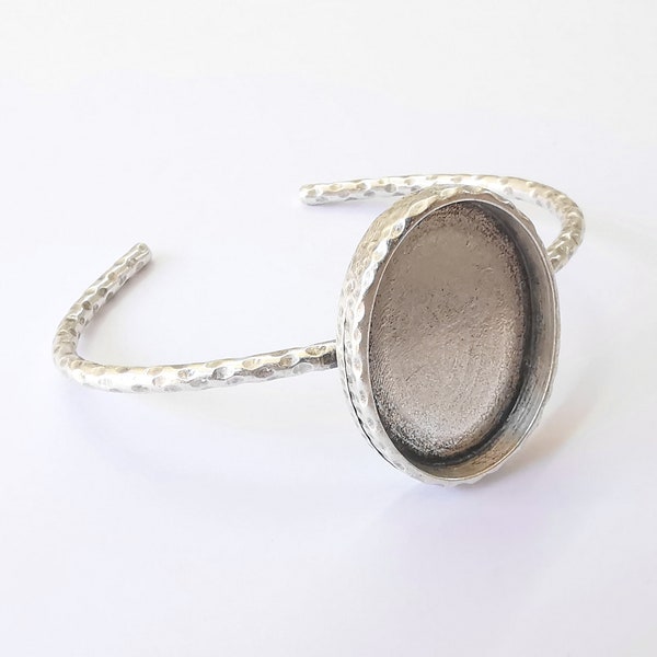 Bracelet Blank Cuff Bezel Resin Bangle inlay Blank Glass Cabochon Base Bezel Hammered Adjustable Antique Silver Bracelet (30x22mm) G24920