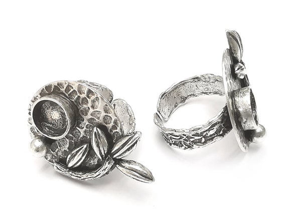 Leaf Plant Silver Ring Setting - Adjustable Cabochon Mounting Bezel For Jewelry Making