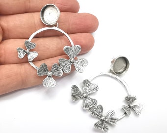 Flower Dangle Round Silver Earring Set Base Wire Antique Silver Plated Brass Earring Base (14mm blank) G27062