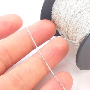 May include: A spool of silver chain, with a length of chain draped over two fingers.