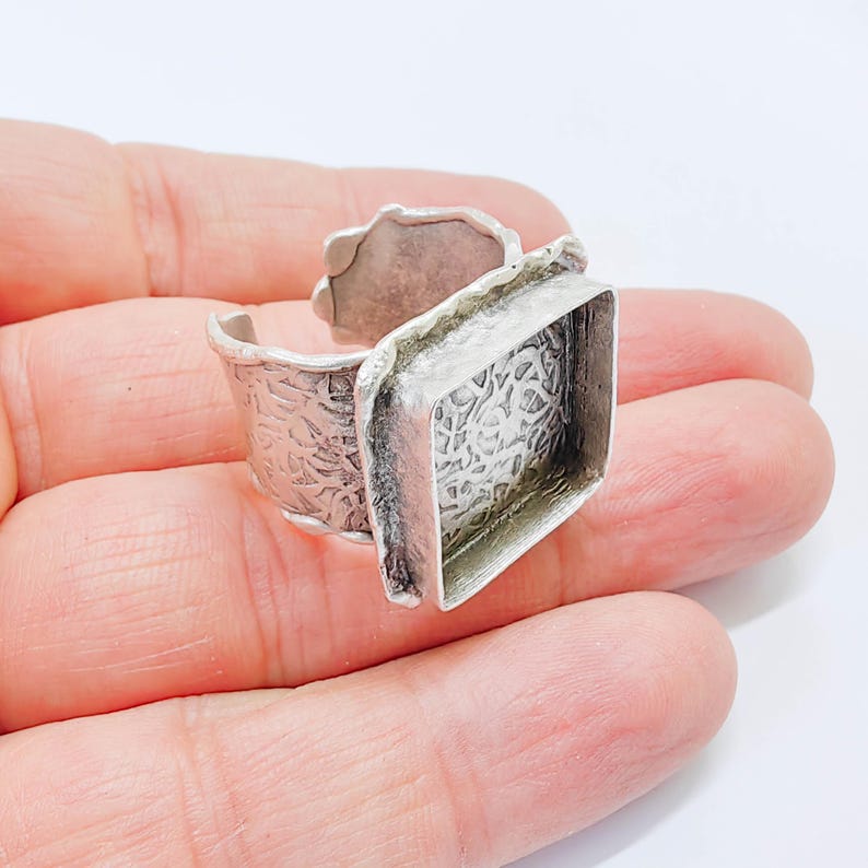 Adjustable Ring Base With Square Bezel, Textured Band, Antique Silver ...