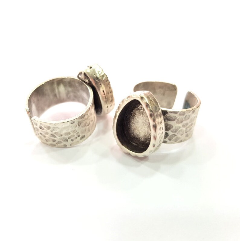 G16063 14x10mm Ring Blank Setting Hammered Ring Base Bezel inlay Ring Backs Glass Cabochon Mounting Adjustable Antique Silver Plated Ring