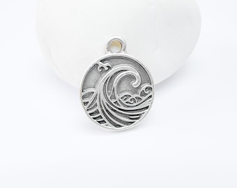 Ocean Wave Charm Pendant, Nautical Sea Life Charm, Beach Boho Earring Charms, Dangle Pendant, Antique Silver Plated Zamac 24x20mm G36596