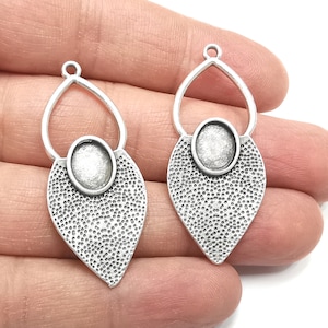 Leaf Silver Charm Blank Cabochon Base Antique Silver Plated Charms 45x20mm (10x8mm bezel) G27520