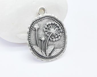 Dandelion Charms, Silver Flower Charms, Boho Charms, Earring Charms, Silver Pendant, Necklace Parts, Antique Silver Plated 28x23mm G36817