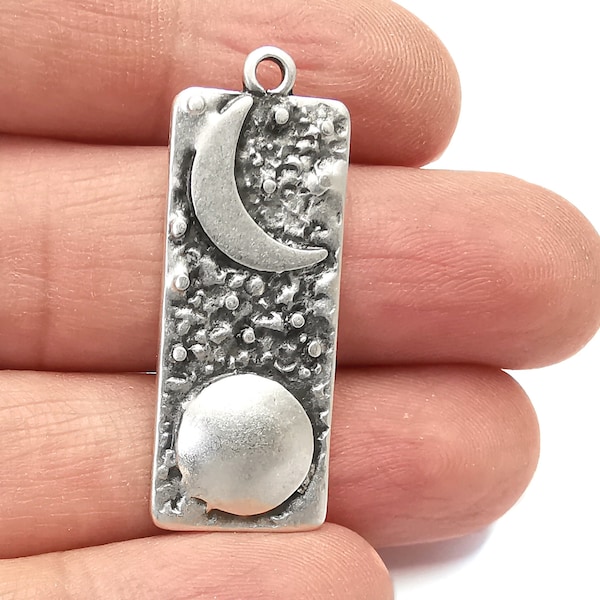Crescent Full Moon Charms Star Night Sky Pendant Antique Silver Plated Charms (38x15mm) G27984