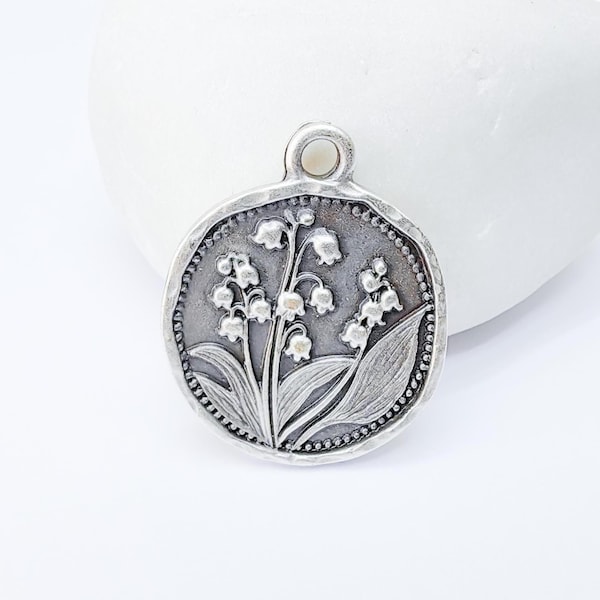 Lily of the Valley Charm, Floral Pendant, Boho Jewelry Making Supplies, Antique Silver Plated, 27x22mm G37336