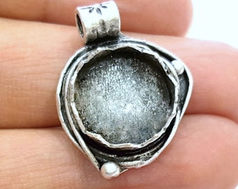 Collier avec base en verre et pendentif en argent, monture vierge, laiton plaqué argent antique (15 mm vierge) G6799