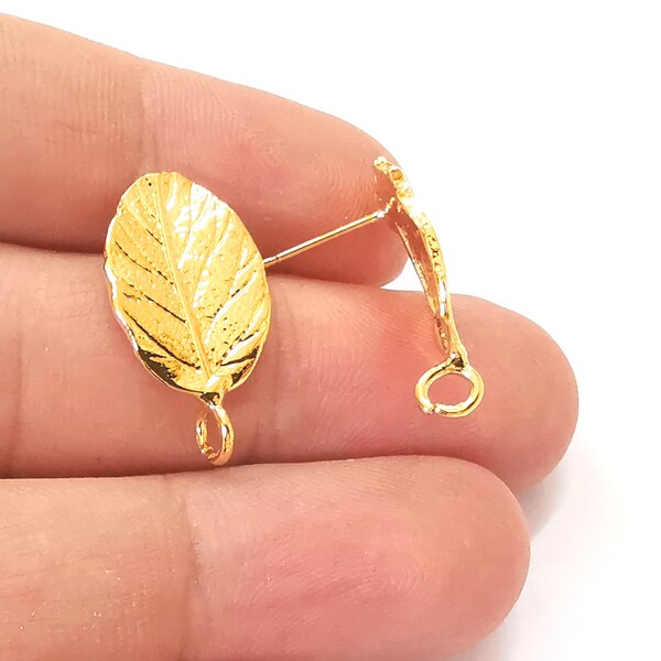 2 Veined lead earring stud base Shiny gold plated brass earring  (25x14mm)  G25655