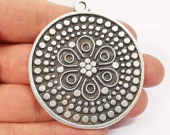 Medallion Boho Pendant Ethnic Tribal Pendant Antique Silver Plated Charms (54mm)  G24637