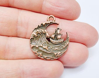 May include: A copper-colored metal charm featuring a detailed depiction of a ship sailing through a large wave. The charm has a loop at the top for attaching to jewelry or other crafts.