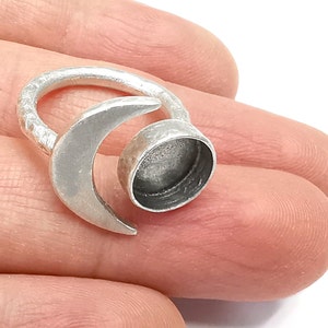 Crescent Moon Ring Blank Base Bezel Settings Cabochon Base Mountings Adjustable , Antique Silver Plated Brass (10mm Blank) G27148