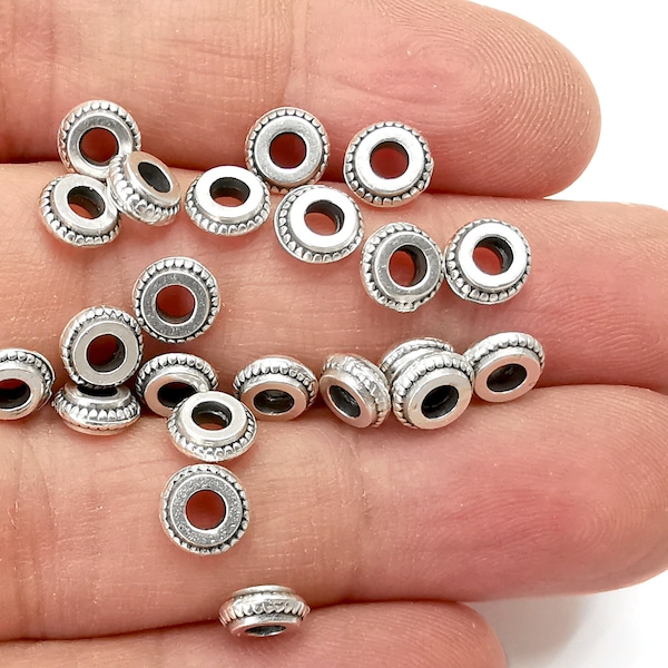 Ribbed Round Beads Antique Silver Plated Beads (7mm)  G28054