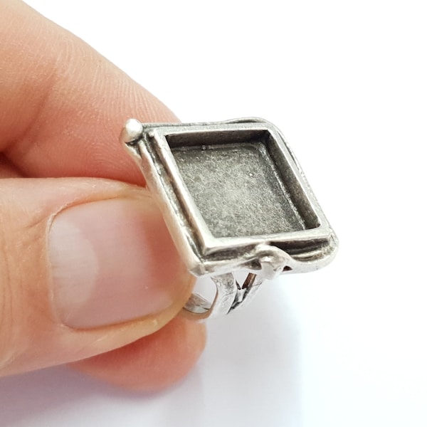 Silver Ring Blank Square Ring Blank, Bezel Settings,Cabochon Base,Mountings (15x15 mm Blank) Silver Plated Brass G20084