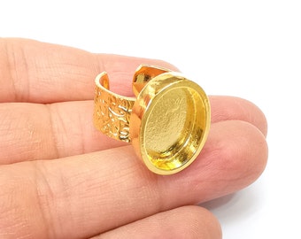 Shiny Gold Ring Setting, Cabochon Blank, Resin Bezel, Oval Ring Mounting, Epoxy Frame Base, Adjustable Gold Plated 18x13mm G35178