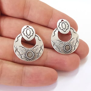 Silver flower leaf bezel charm blank base Antique silver plated 30x25mm (Blank Size 5mm) G28038