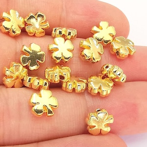 5 Four Leaf Clover Charms 24K Shiny Gold Plated Beads (8mm)  G22351