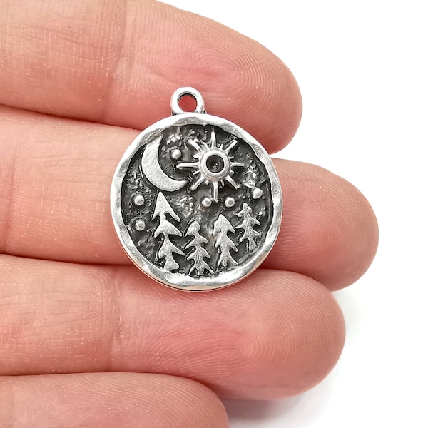 Pine Tree Forest Moon Stars Charms Crescent Night Pendant Antique Silver Plated Charms (25x21mm) G27944