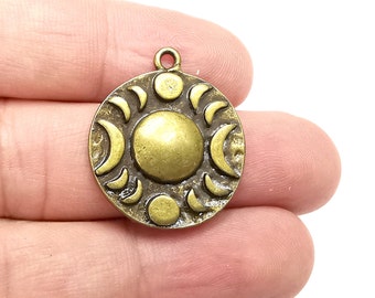 Crescent Moon Charms The Phases of The Moon, Round Hammered Antique Bronze Plated (29x25mm) G28682