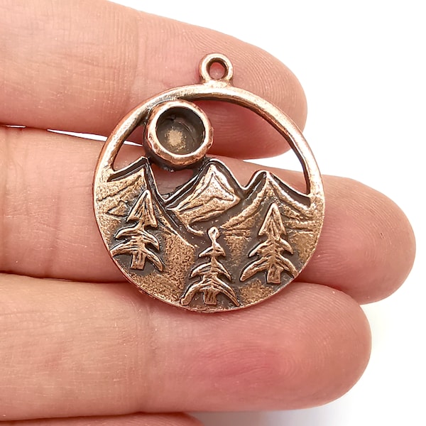 Mountain Landscape Forest Pine Tree Pendant Blank Resin Bezel Mounting Cabochon Base Setting Antique Copper Plated Charms (6mm Blank) G28075