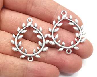 2つの花の葉の枝のコネクターチャームアンティークシルバーメッキ