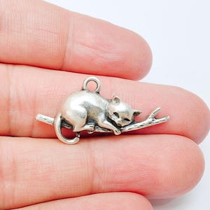 Könnte beinhalten: Ein silberfarbener Katzenanhänger, der auf einem Ast ruht. Der Anhänger hat oben eine Schlaufe zum Befestigen an einer Halskette oder einem Armband. Die Katze ist zusammengerollt und scheint zu schlafen. Der Anhänger ist aus Metall.