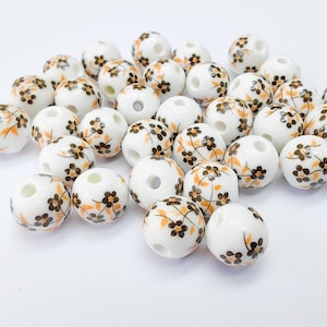 Round Porcelain Beads, White Ceramic Beads with Mustard Floral Print, Brown Flowers, Glossy Finish, DIY Jewelry Making 10mm G37039