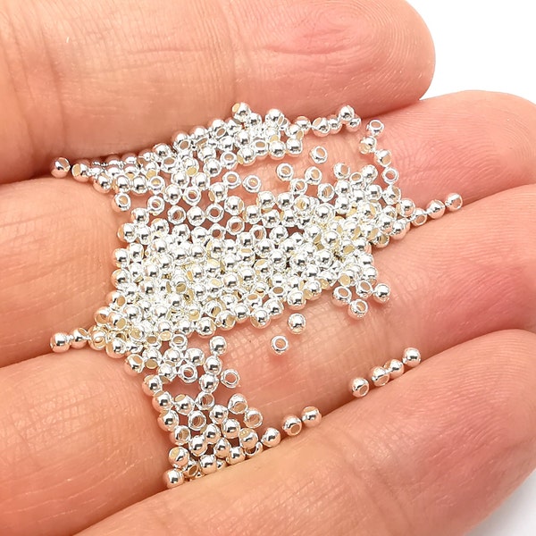 Perline a sfera tonde in argento sterling, perline in argento massiccio 925, perline in argento con bracciale da 2 mm (2 mm) G30366