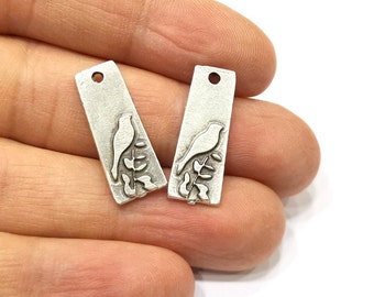 Bird charms on branch, Antique Silver Plated, DIY charms (25x10mm)  G16437